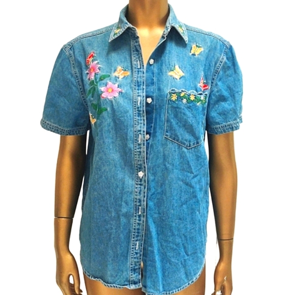 Embroidered Denim Shirt | Boho Western Butterfly Floral S - Picture 2 of 11